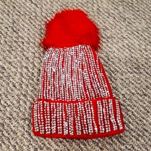 🆕️ Red Rhinestone PomPom Hat (NWT)